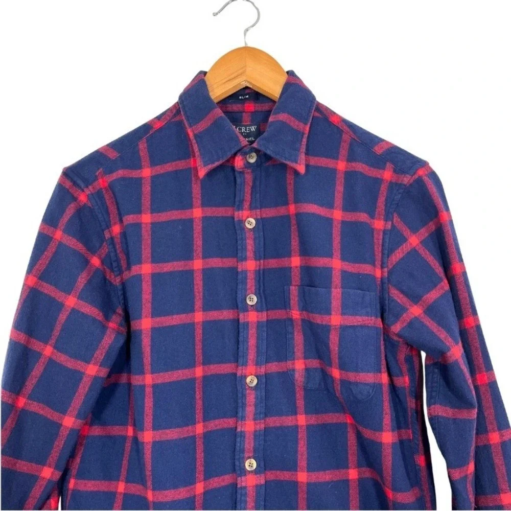 J. Crew Mens Slim Flannel Shirt Navy Blue Red Plaid Windowpane Men's  Sz Small‎